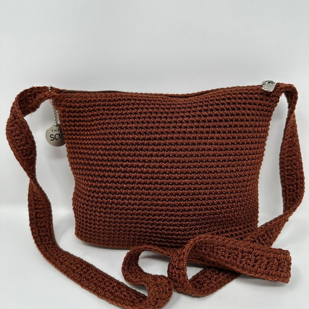 The Sak Crossbody Bag Women Small Brown Crochet Zip Top Casual Boho 2355